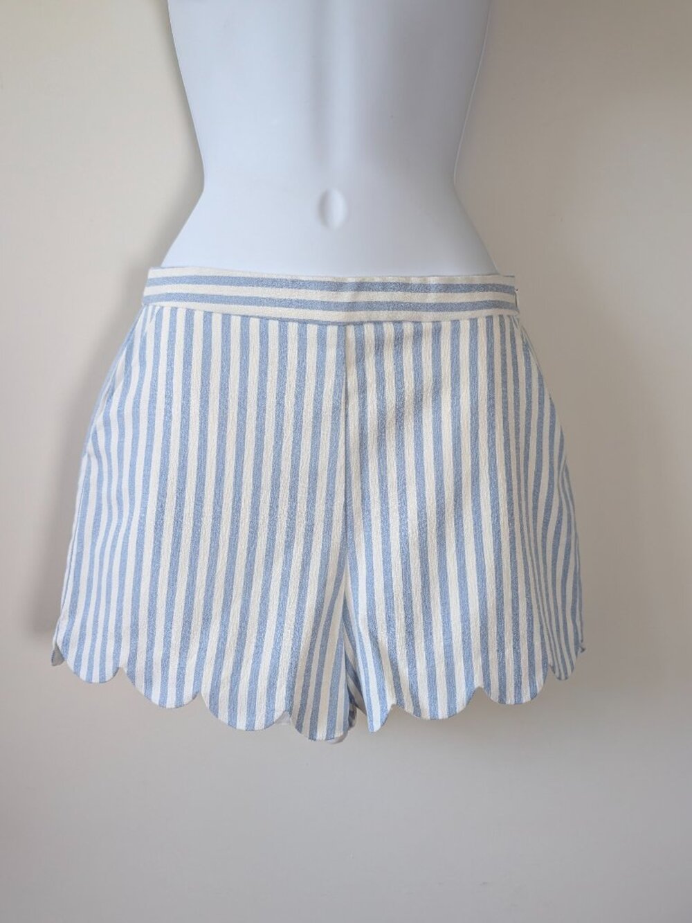 English Factory Scallop Hem Shorts S Blue White Stripe Lined Side Zip